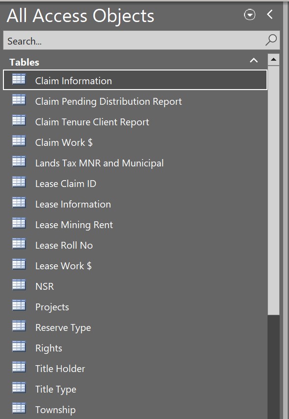 Access database list of tables created